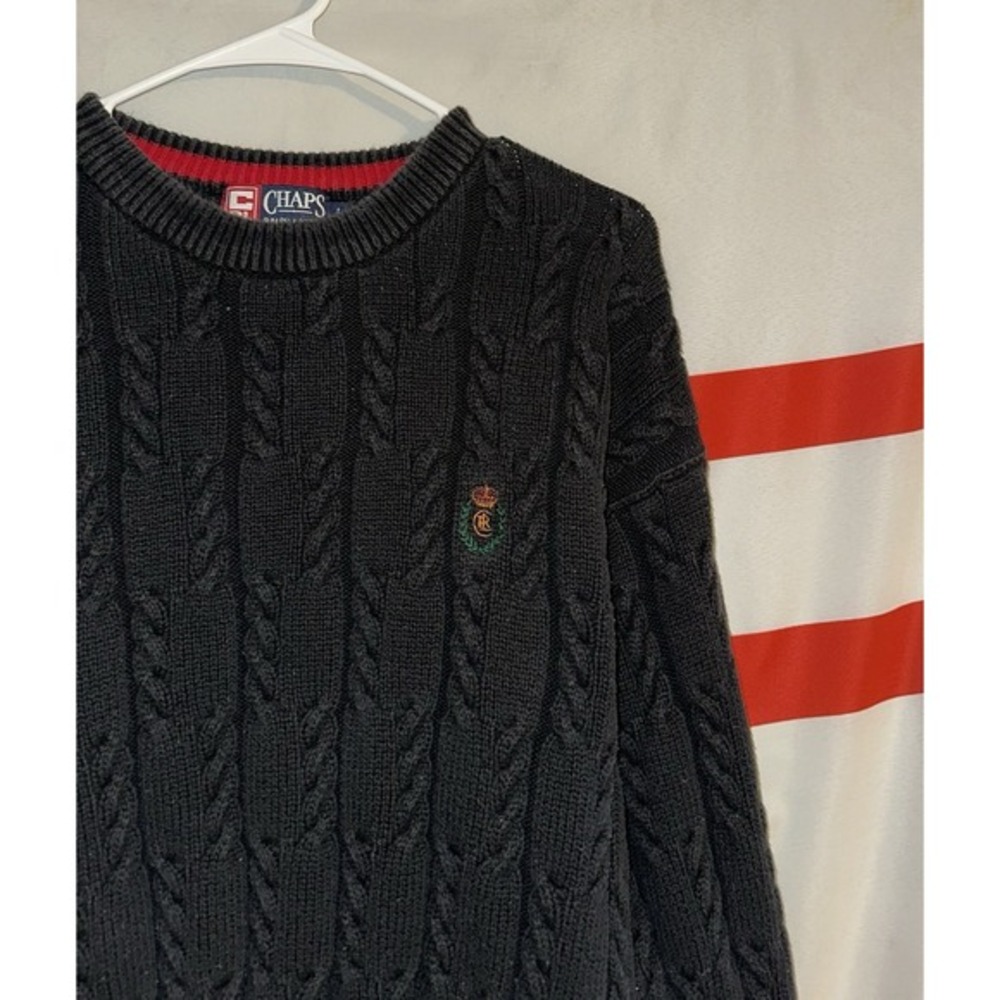 Vintage Chaps Ralph Lauren Cable Knit Sweater Mens Large Black Cotton 90s Y2K - Picture 2 of 4